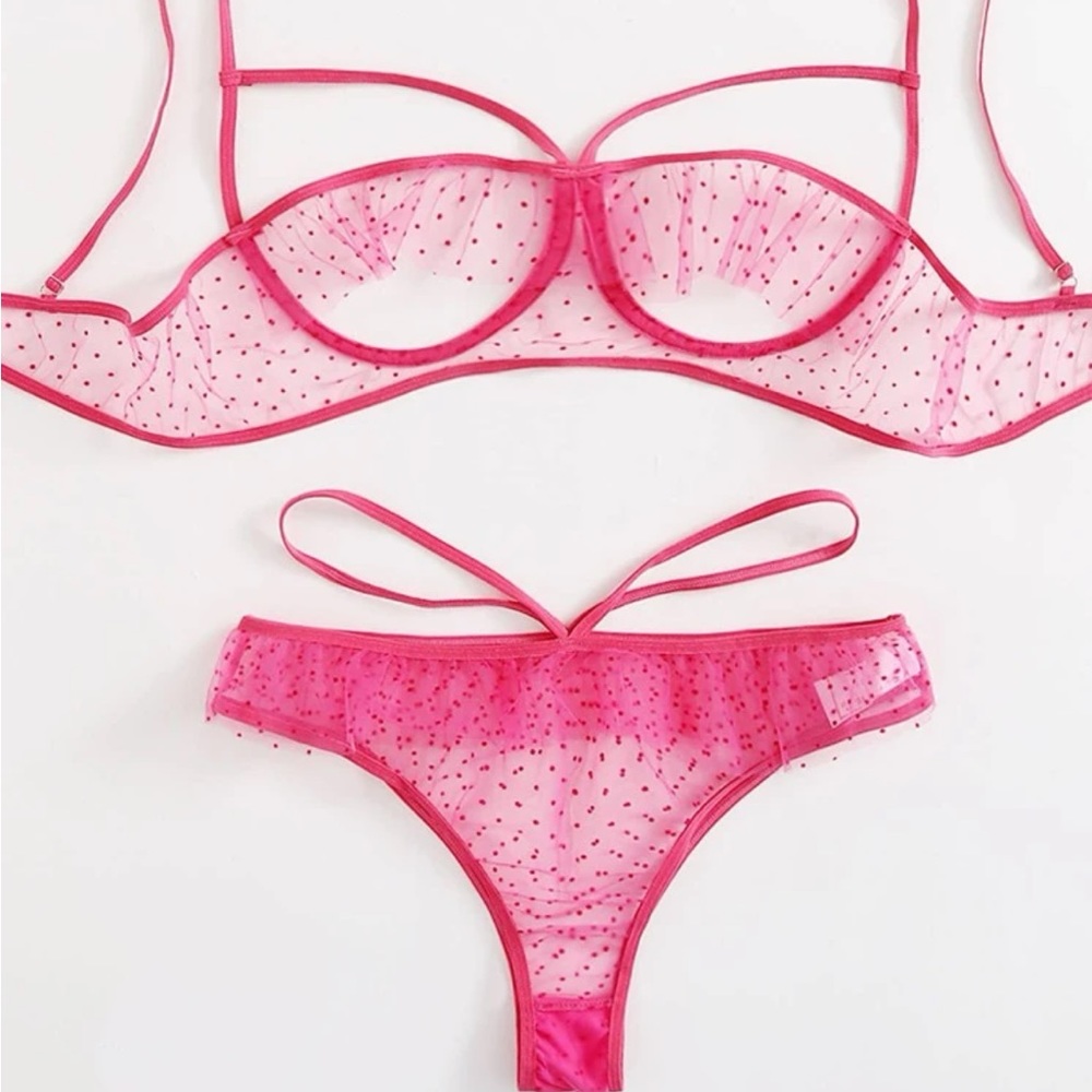 NEVER WORN Mesh Ruffle Pink Underwire Lingerie Set NWOT